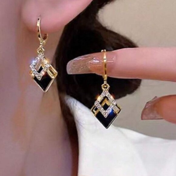 Jewelry - Gold & Black Geometric Drop Earrings – Rhinestone Accent